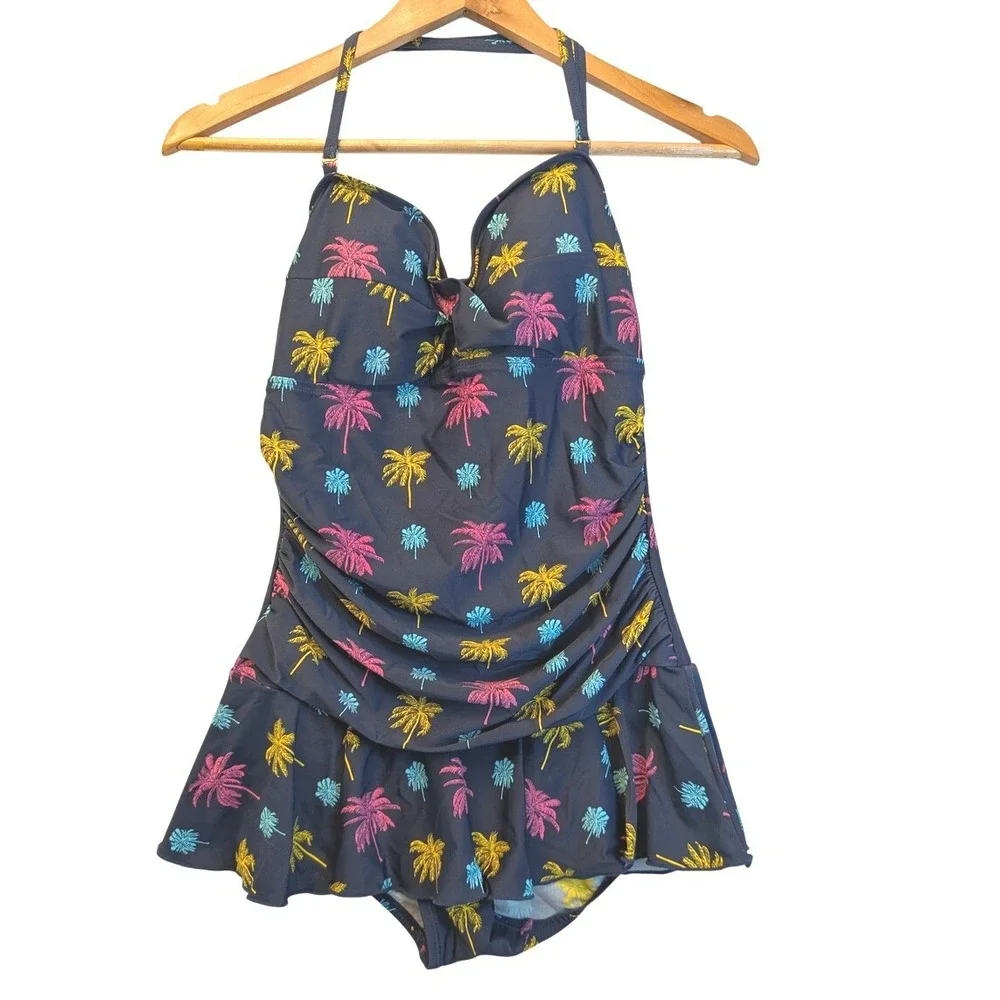 Shore Shapes Navy Blue Neon Palm Tree Ruched Halter Swim Dress One Piece Size 10